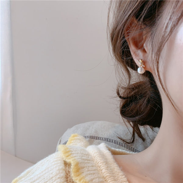 Faux Pearl Gemstone Bow Earrings - Image 4