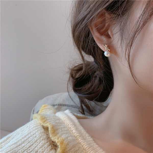 Faux Pearl Gemstone Bow Earrings - Image 3