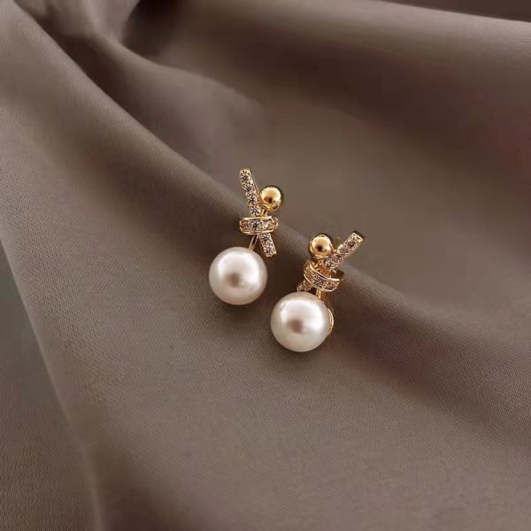 Faux Pearl Gemstone Bow Earrings - Image 2