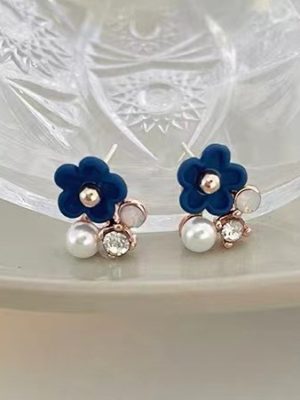 Faux Pearl Gemstones Blue Flower Stud Earrings