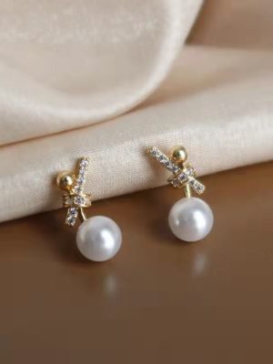 Faux Pearl Gemstone Bow Earrings