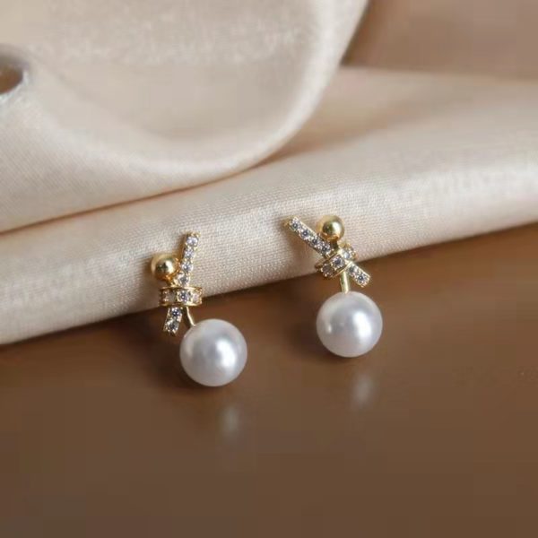Faux Pearl Gemstone Bow Earrings