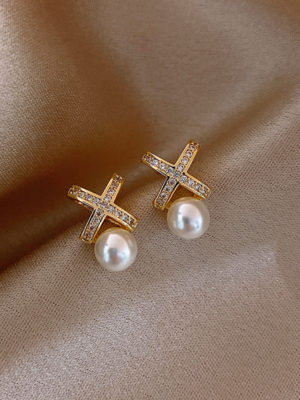 Faux Pearl with Gemstones Cross Stud Earrings