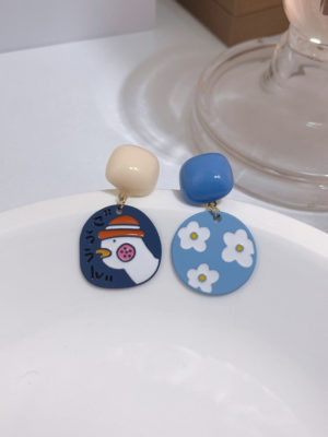 Blue and White Cartoon Duck Asymmetrical Earrings