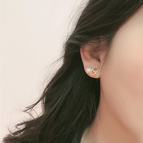 Faux Pearl with Gemstones Letter C Earrings - Image 5