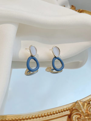 Faux Pearl Plate on Gold and Blue Loop Earrings