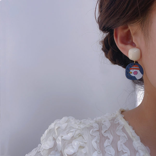 Blue and White Cartoon Duck Asymmetrical Earrings - Image 2
