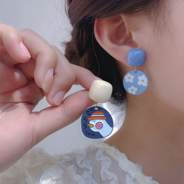 Blue and White Cartoon Duck Asymmetrical Earrings - Image 4