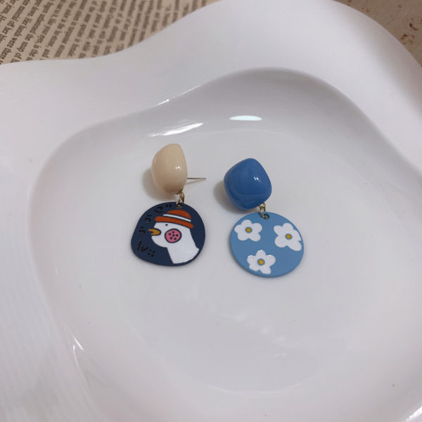 Blue and White Cartoon Duck Asymmetrical Earrings - Image 6