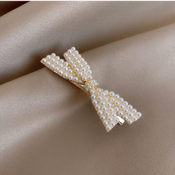 Faux Pearl Bow Gold Hair Clip - Image 2