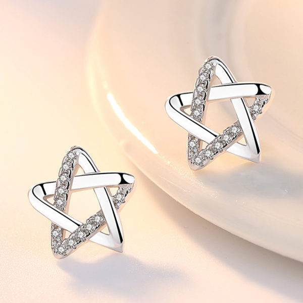 Cubic Zirconia on Hollow Star Silver Stud Earrings - Image 2