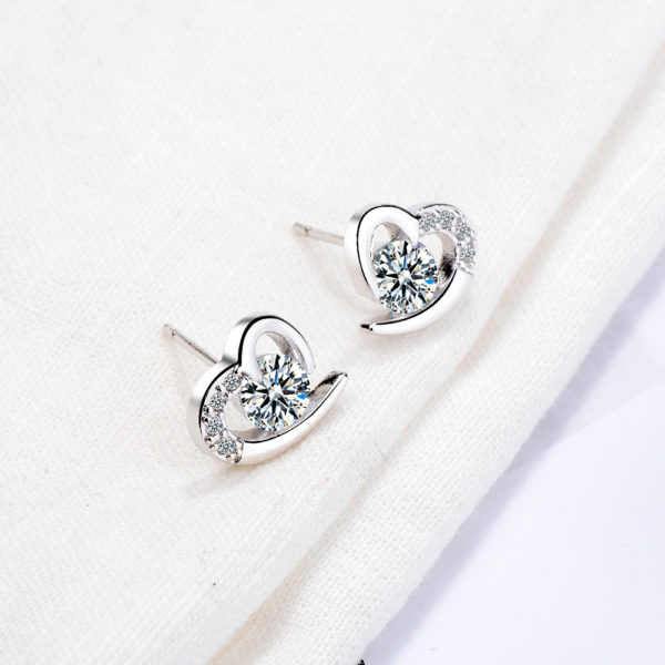 Cubic Zirconia In Hollow Heart Silver Stud Earrings - Image 2
