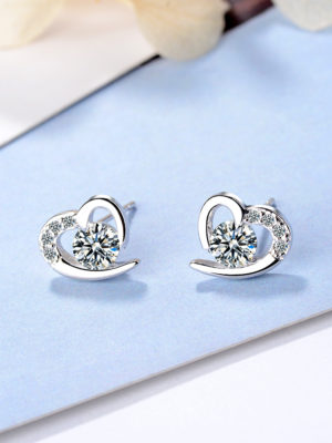 Cubic Zirconia In Hollow Heart Silver Stud Earrings