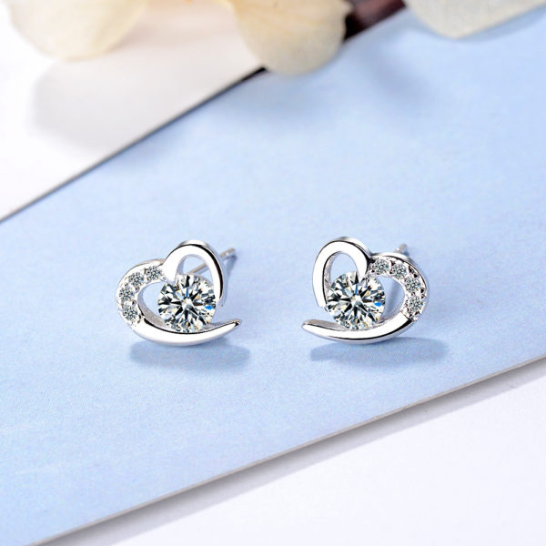 Cubic Zirconia In Hollow Heart Silver Stud Earrings
