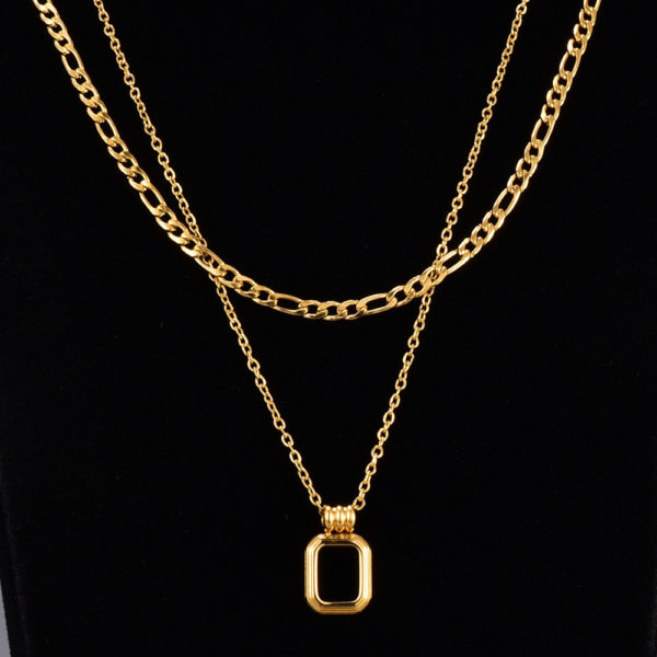 Black Square Stone Double Chain Gold Necklace - Image 2