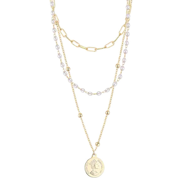 Coin Pendant and Faux Pearls Triple Layer Chains Necklace - Image 8