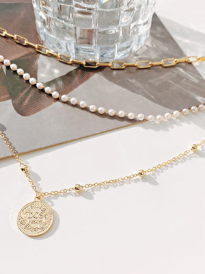 Coin Pendant and Faux Pearls Triple Layer Chains Necklace