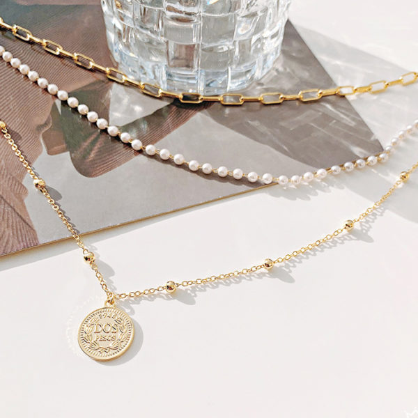 Coin Pendant and Faux Pearls Triple Layer Chains Necklace