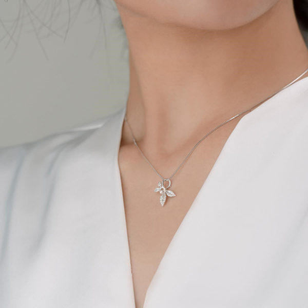 Cubic Zirconia on Leaves Pendant Sterling Silver Necklace - Image 6