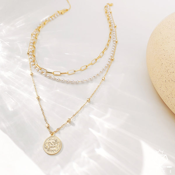 Coin Pendant and Faux Pearls Triple Layer Chains Necklace - Image 5