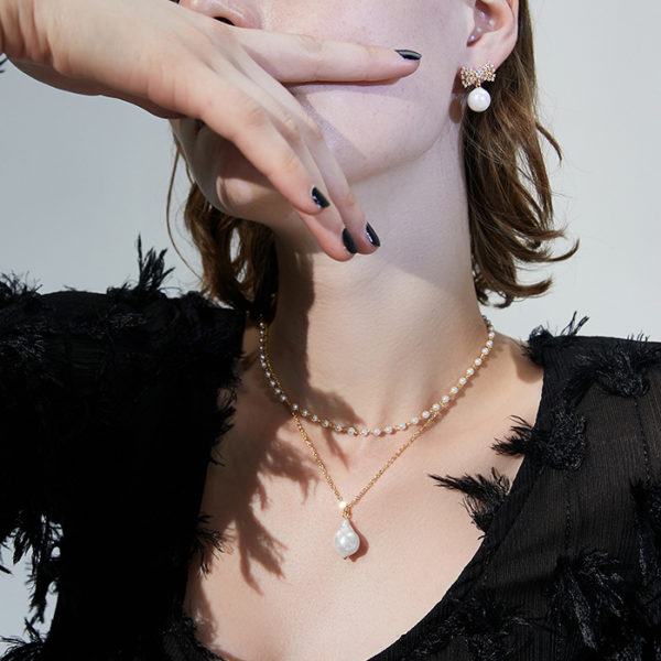 Baroque Pearl Pendant Double Chain Gold Necklace - Image 5