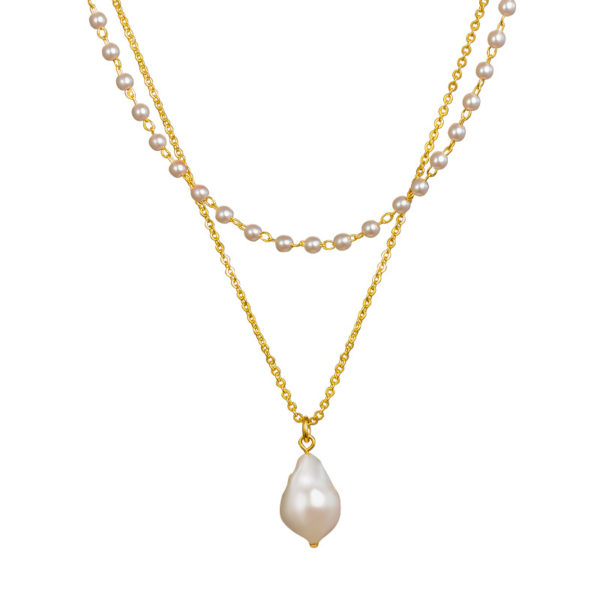 Baroque Pearl Pendant Double Chain Gold Necklace - Image 8