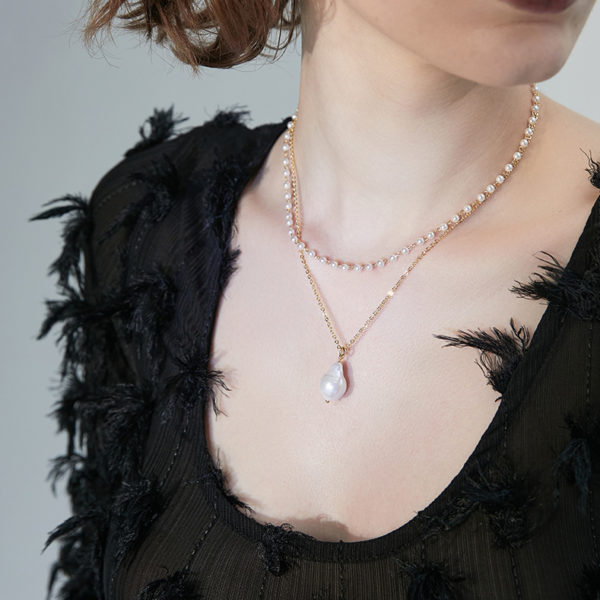Baroque Pearl Pendant Double Chain Gold Necklace - Image 4