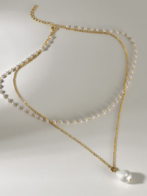 Baroque Pearl Pendant Double Chain Gold Necklace