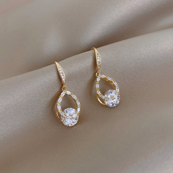 Cubic Zirconia Decor Water Drop Gold Earrings