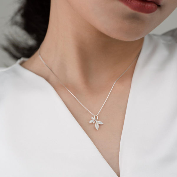 Cubic Zirconia on Leaves Pendant Sterling Silver Necklace - Image 4