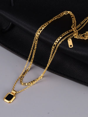 Black Square Stone Double Chain Gold Necklace