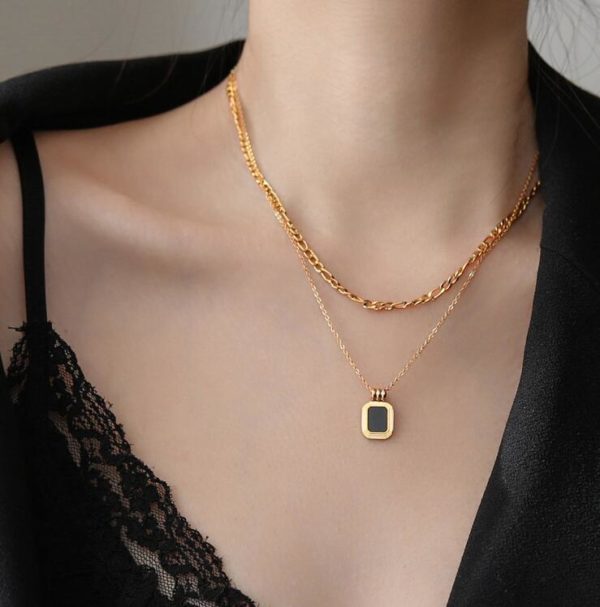 Black Square Stone Double Chain Gold Necklace - Image 5