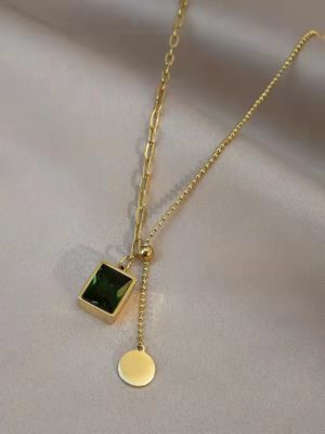 Green Crystal Wafer Square Pendant Necklace