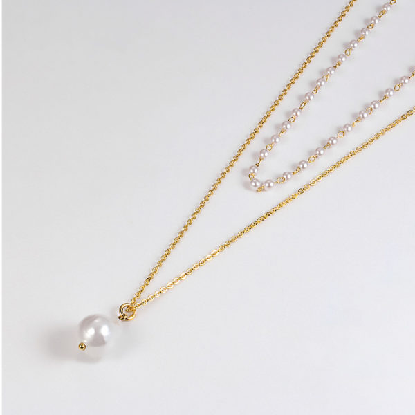 Baroque Pearl Pendant Double Chain Gold Necklace - Image 2