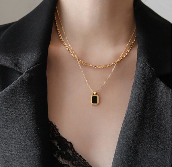 Black Square Stone Double Chain Gold Necklace - Image 6