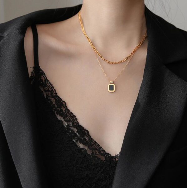 Black Square Stone Double Chain Gold Necklace - Image 7