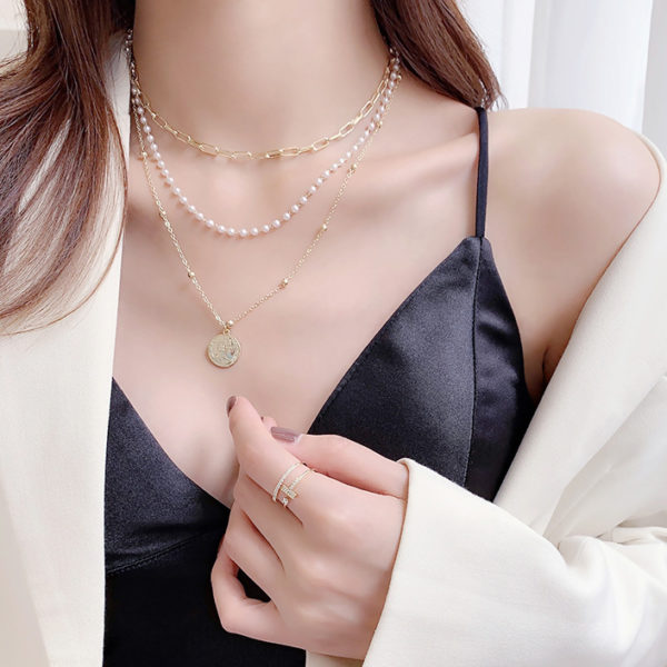 Coin Pendant and Faux Pearls Triple Layer Chains Necklace - Image 4