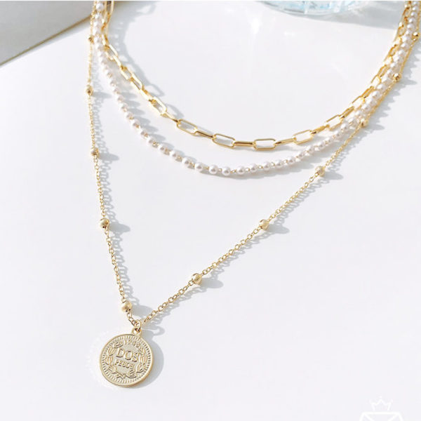 Coin Pendant and Faux Pearls Triple Layer Chains Necklace - Image 6