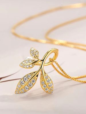Cubic Zirconia on Leaves Pendant Sterling Silver Necklace