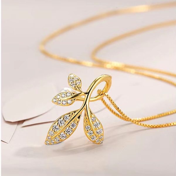 Cubic Zirconia on Leaves Pendant Sterling Silver Necklace