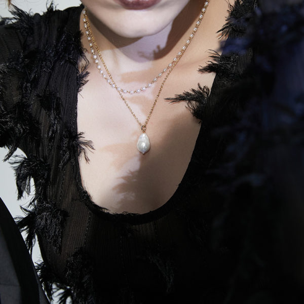 Baroque Pearl Pendant Double Chain Gold Necklace - Image 6