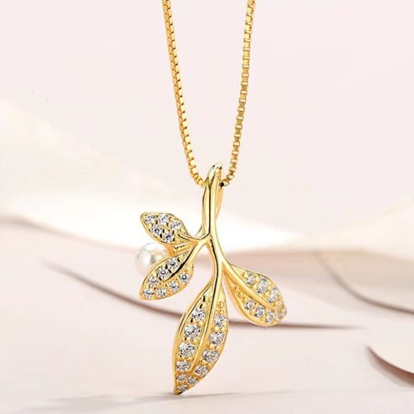 Cubic Zirconia on Leaves Pendant Sterling Silver Necklace - Image 2