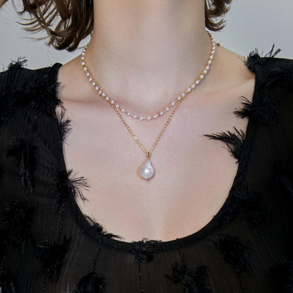 Baroque Pearl Pendant Double Chain Gold Necklace - Image 3