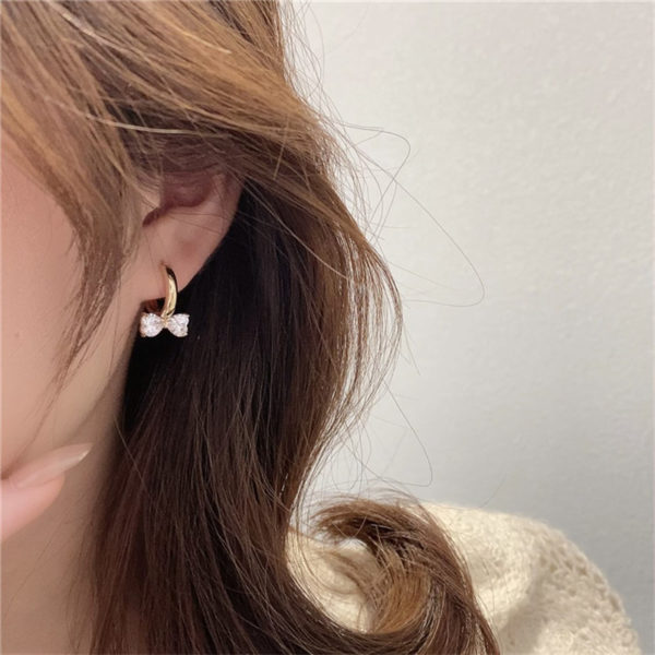 Cubic Zirconia Bow Decor Hoop Earrings - Image 3