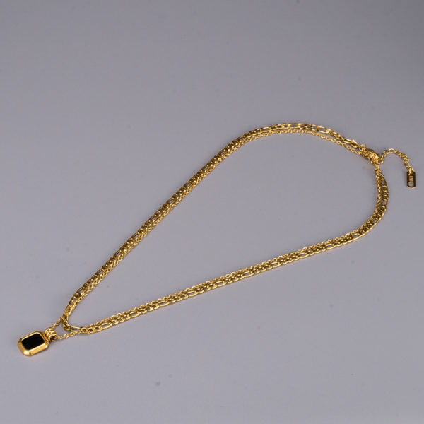 Black Square Stone Double Chain Gold Necklace - Image 8