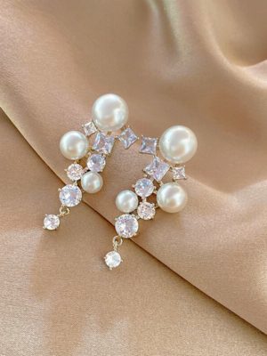 Faux Pearls with Cubic Zirconia Gemstones Stud Earrings